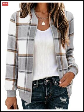 Plaid Flannel Bomber Jacket Zip Up Lightweight Coat